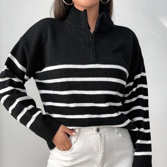Black And White Preppy Womens Stripe Pattern Half Zipper Drop Shoulder Sweater - Picture 1 of 5
